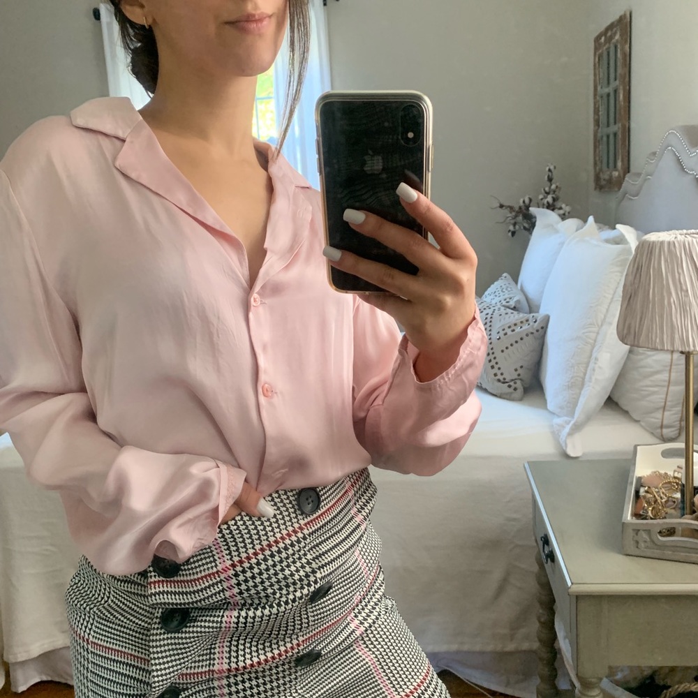 AEO Light Pink Satin Collated Button Down Blouse